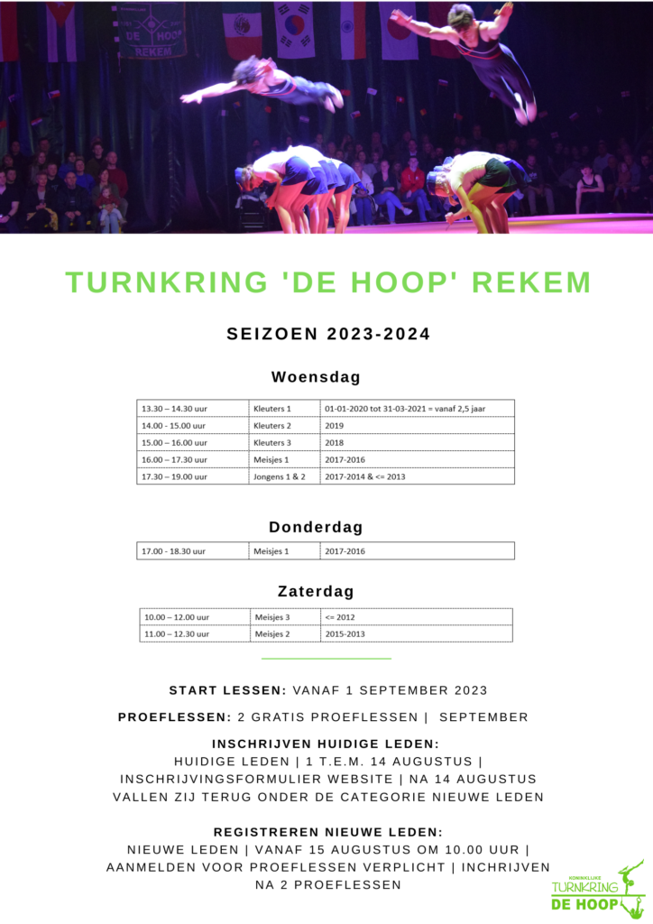 Uurrooster Recreatieve Groepen Seizoen 2023 2024 Turnkring De Hoop